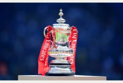 General view of the Fly Emirates FA Cup on display before kick off